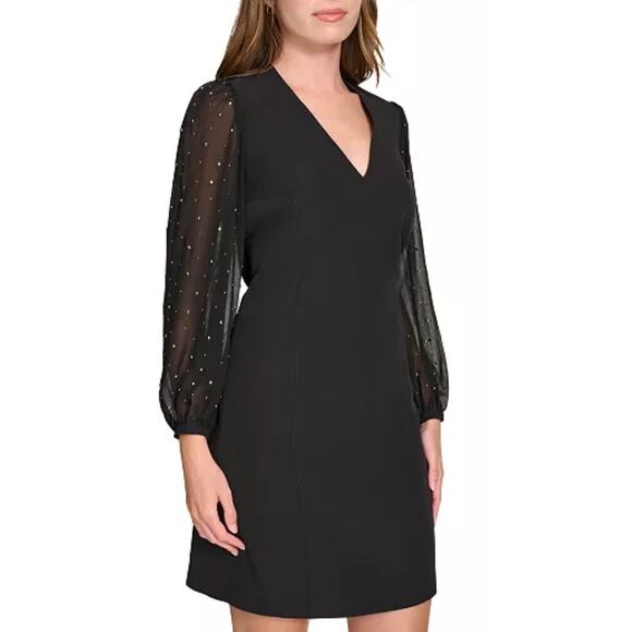 Tommy Hilfiger Dresses & Skirts - Tommy Hilfiger Rhinestone-Sleeve Shift Black Dress Size 2 Long Sleeves Back Zip